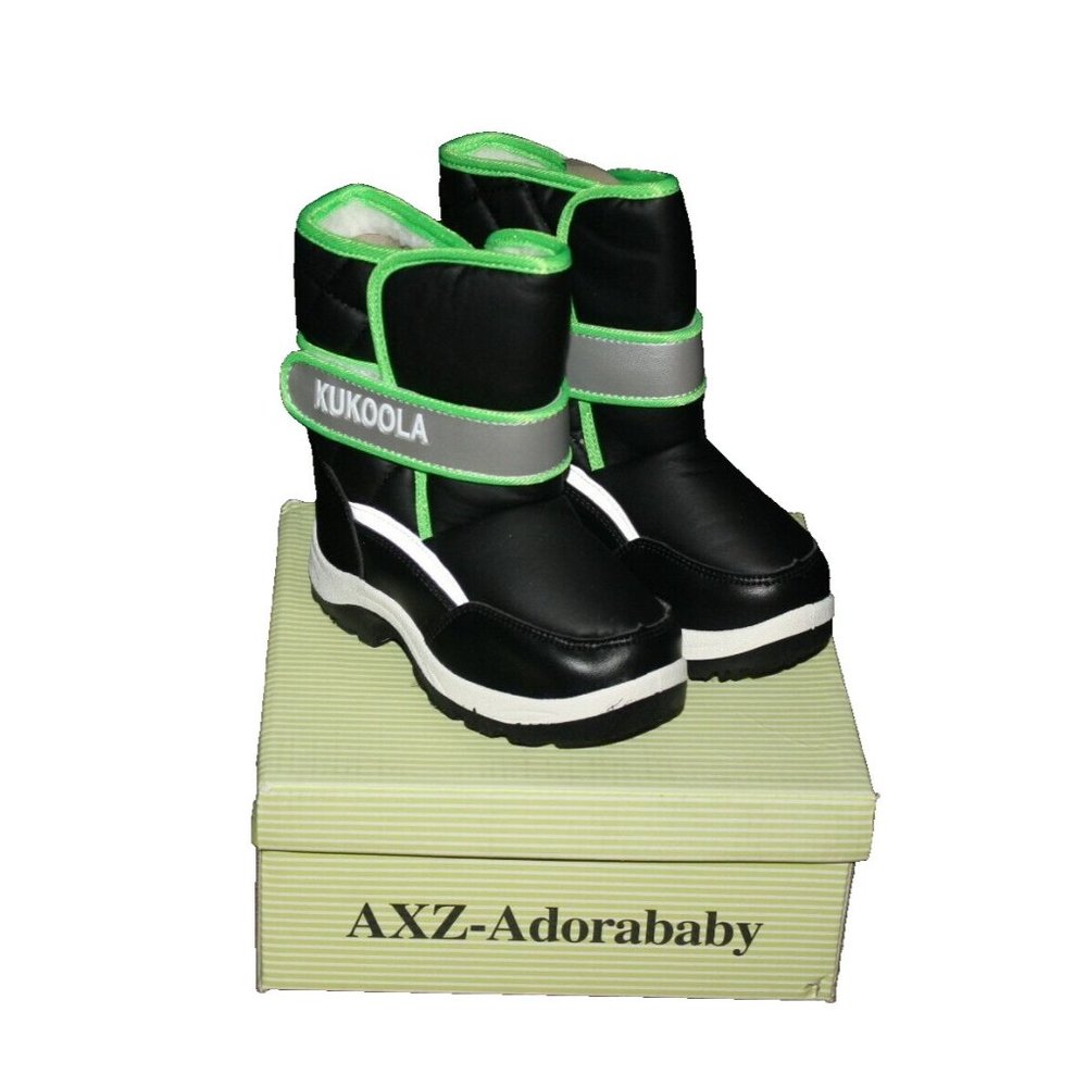 AXZ-Adorababy Black Green Snow Boots Size 8 Toddler Kukoolla Fleece Lined NEW